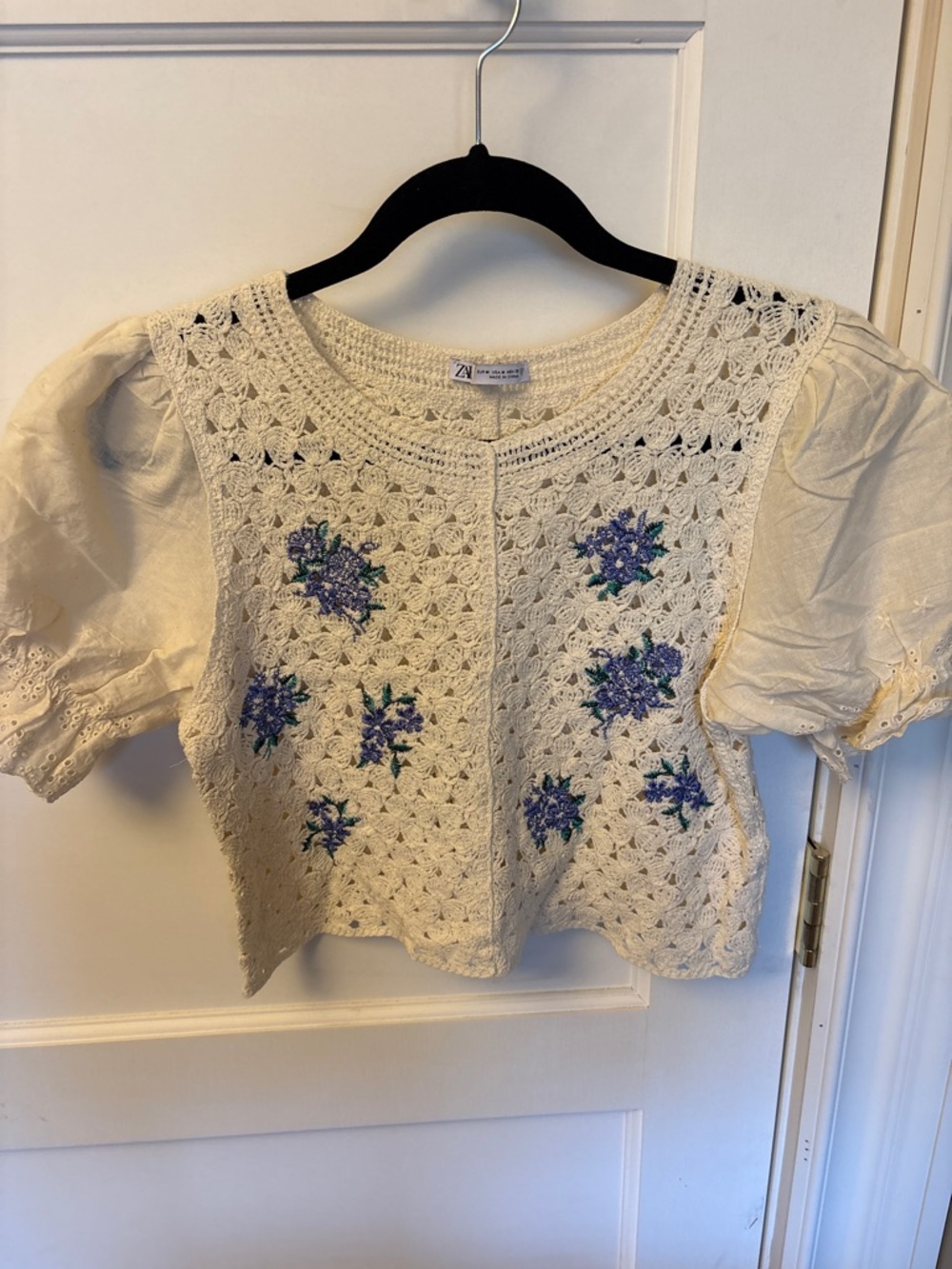 Zara Cream Crochet Top with Blue Floral Detail